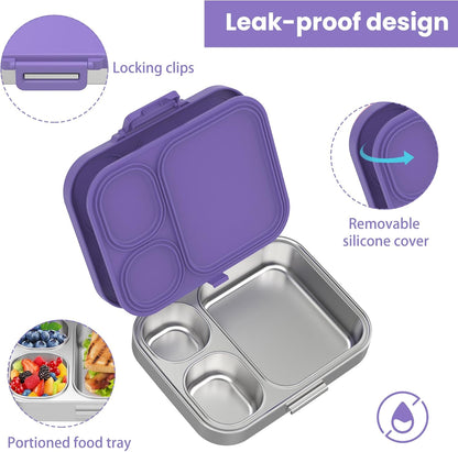 Pawtong Stainless Steel Bento Lunch Box for Kids | 3-Compartment Lunch Box Container Kids | 100% Leakproof, Eco-Friendly, Perfect Portion Control for Kids&Adult Healthy Meals (Purple)