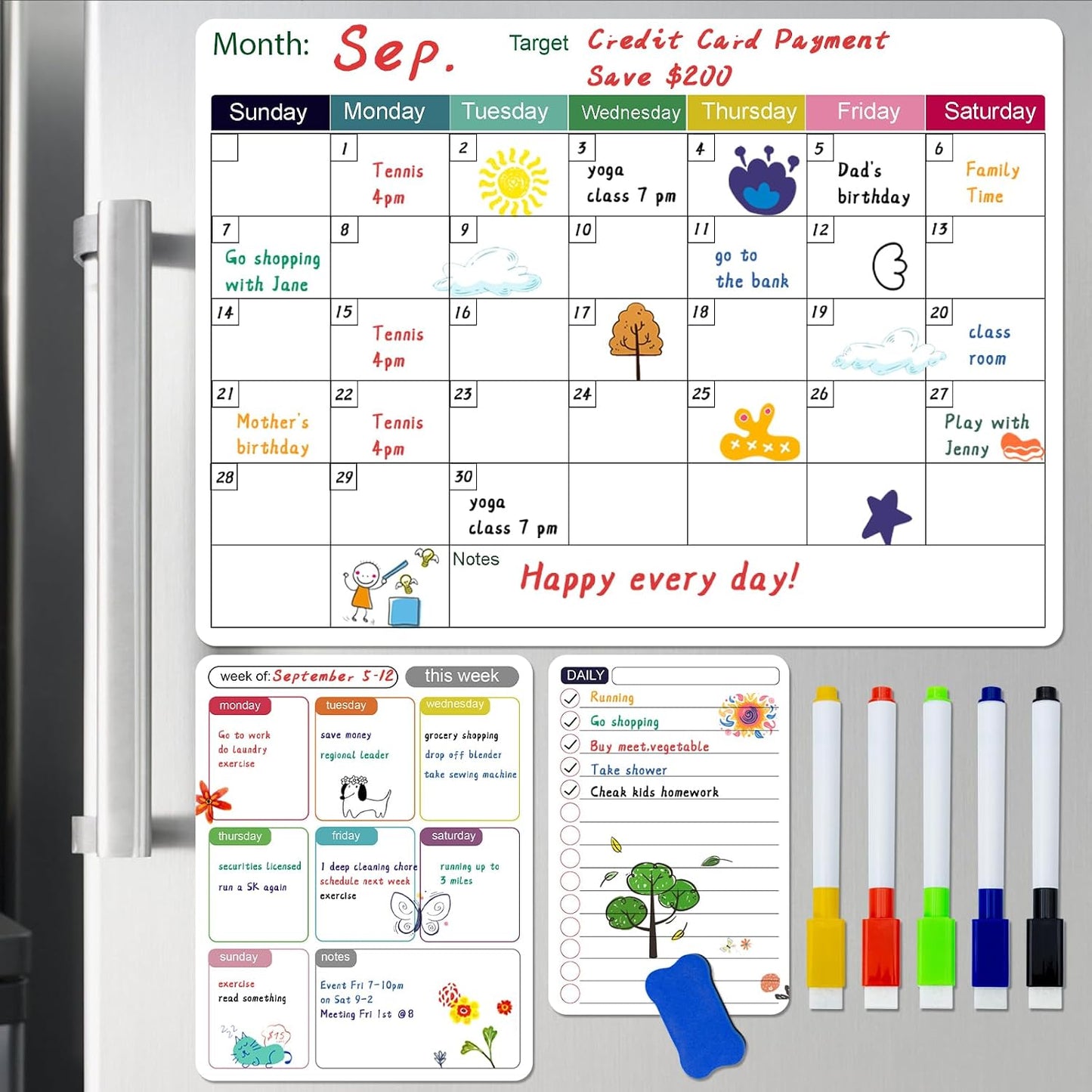Magnetic Dry Erase Fridge Calendar Whiteboard Set,3 Pack 14.6" x 11" Reusable Refrigerator Calendar for Fridge & Wall-Monthly, Weekly,Daily Planners Refrigerator White Board with 5 Markers and Eraser