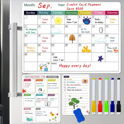Magnetic Dry Erase Fridge Calendar Whiteboard Set,3 Pack 14.6" x 11" Reusable Refrigerator Calendar for Fridge & Wall-Monthly, Weekly,Daily Planners Refrigerator White Board with 5 Markers and Eraser