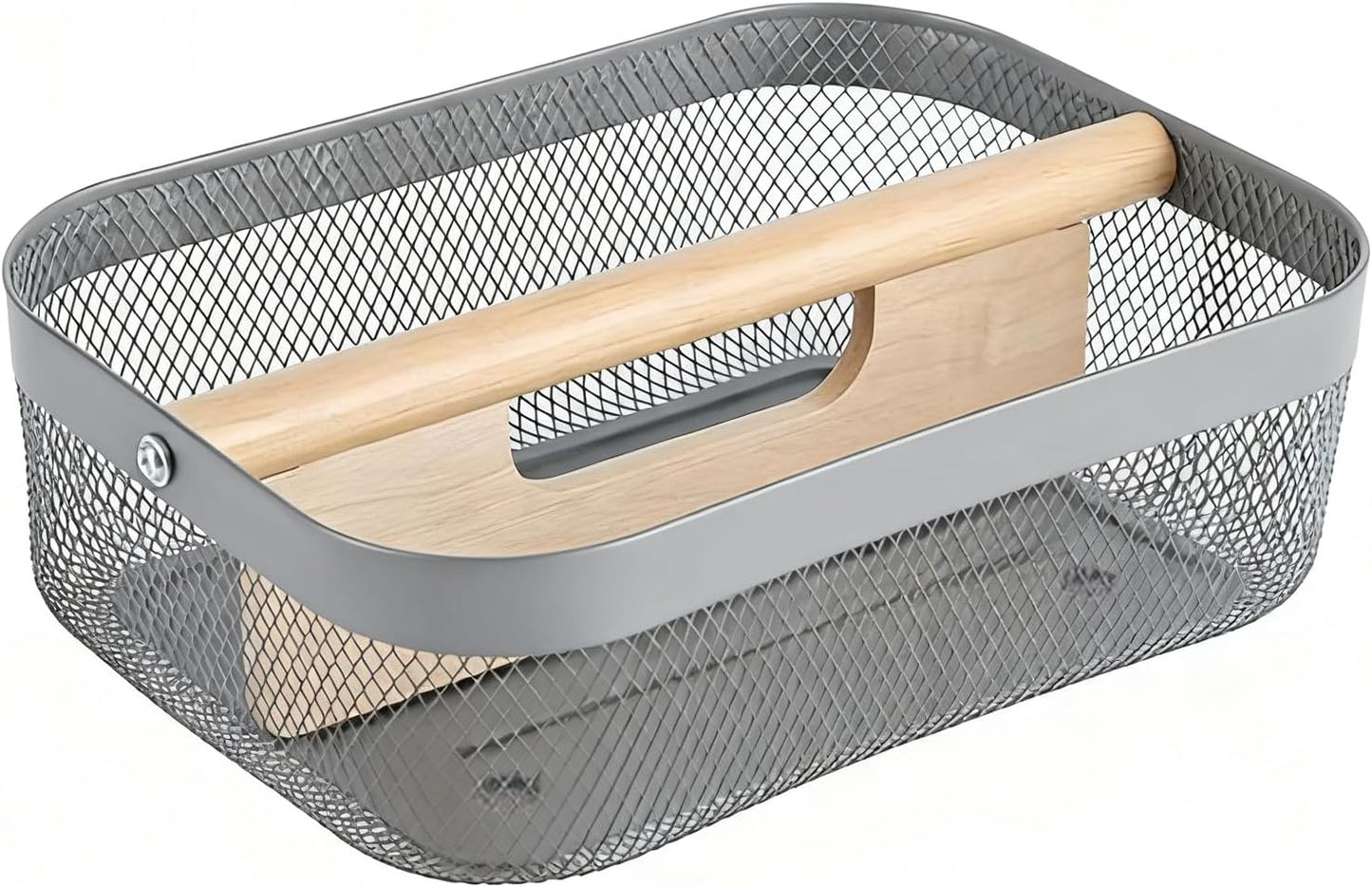 AJIODA Metal Mesh Steel Storage Basket, Garden Harvest Wire Organizer Basket Multi-functional Kitchen Fruit Basket with Wooden Removable Partition & Handle for Bathroom Picnic Decor Cabinet, Grey