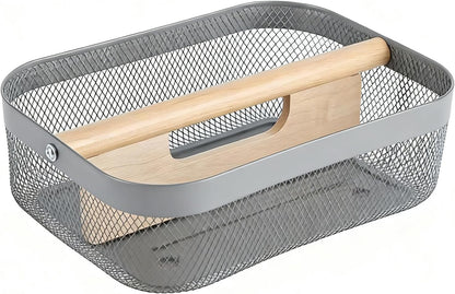 AJIODA Metal Mesh Steel Storage Basket, Garden Harvest Wire Organizer Basket Multi-functional Kitchen Fruit Basket with Wooden Removable Partition & Handle for Bathroom Picnic Decor Cabinet, Grey