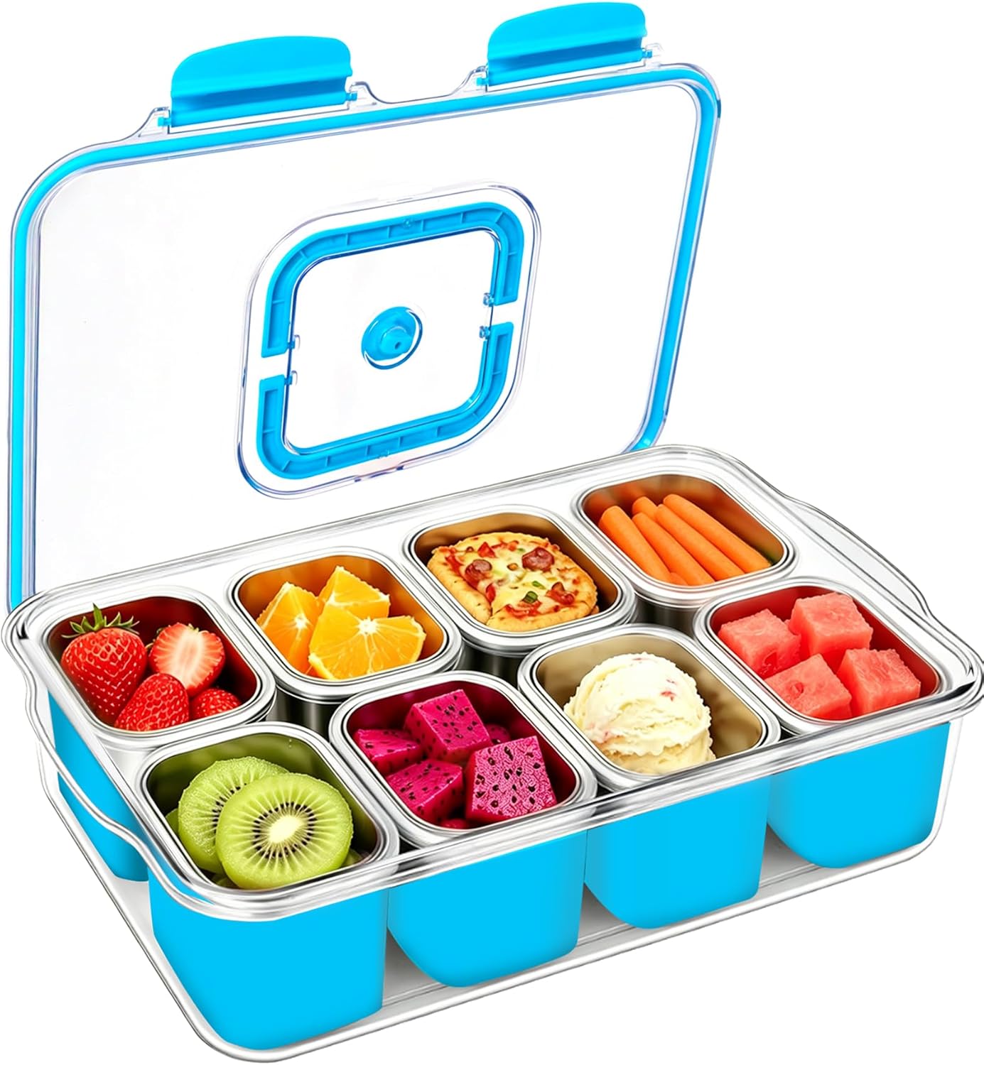 Snackle Box Container, Stainless Steel Divided Serving Tray with Lid and Handle, Large Snack Tray for Fruit Veggie Candy, 8-Compartment Snack Platter for Travel Party Beach Picnic