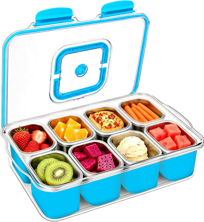 Snackle Box Container, Stainless Steel Divided Serving Tray with Lid and Handle, Large Snack Tray for Fruit Veggie Candy, 8-Compartment Snack Platter for Travel Party Beach Picnic