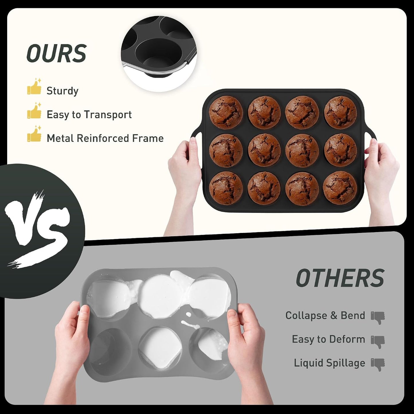 2 Packs 12 Cups Silicone Muffin Pan for Baking with Metal Reinforced Frame Regular Size Cupcake Pan Tray Egg Bites Silicone Cookie Molds Muffin Tin Tart Pans Sheet Set for Oven Dishwasher Safe