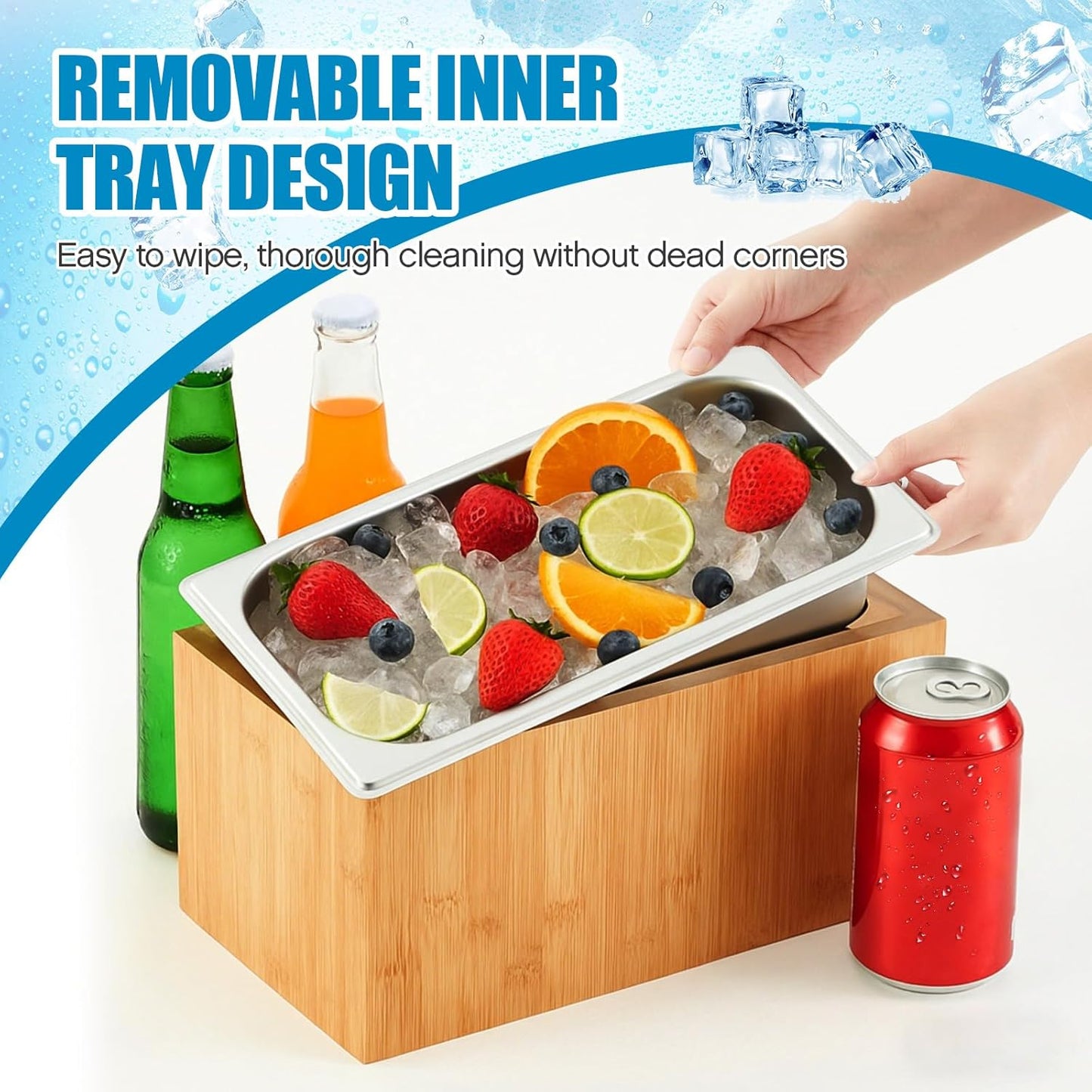 Honeydak Large Ice Housing Bin with Removable Tray Ice Holder Container Wine Beer Champagne Drink Bucket Beverage Tub for Freezer Display Buffet Counter Party Chiller (Bamboo and Steel)