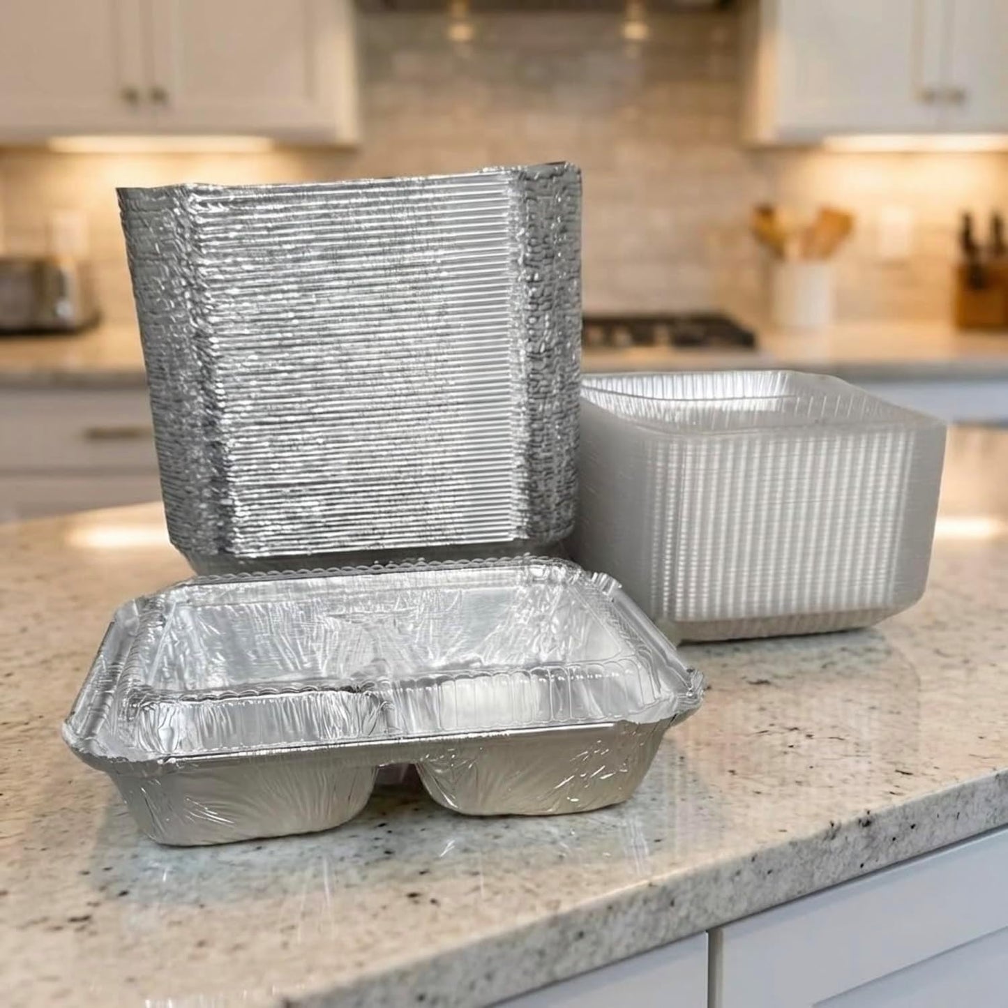 The Baker Celebrations 3 Compartment Aluminum Foil Trays with Lids [30] Pack - 20 oz Disposable Divided Meal Prep Containers - To Go TV Dinner Plates for Takeout & Freezer - Made in USA (8.5" x 6.5")