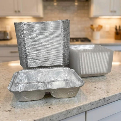 The Baker Celebrations 3 Compartment Aluminum Foil Trays with Lids [30] Pack - 20 oz Disposable Divided Meal Prep Containers - To Go TV Dinner Plates for Takeout & Freezer - Made in USA (8.5" x 6.5")