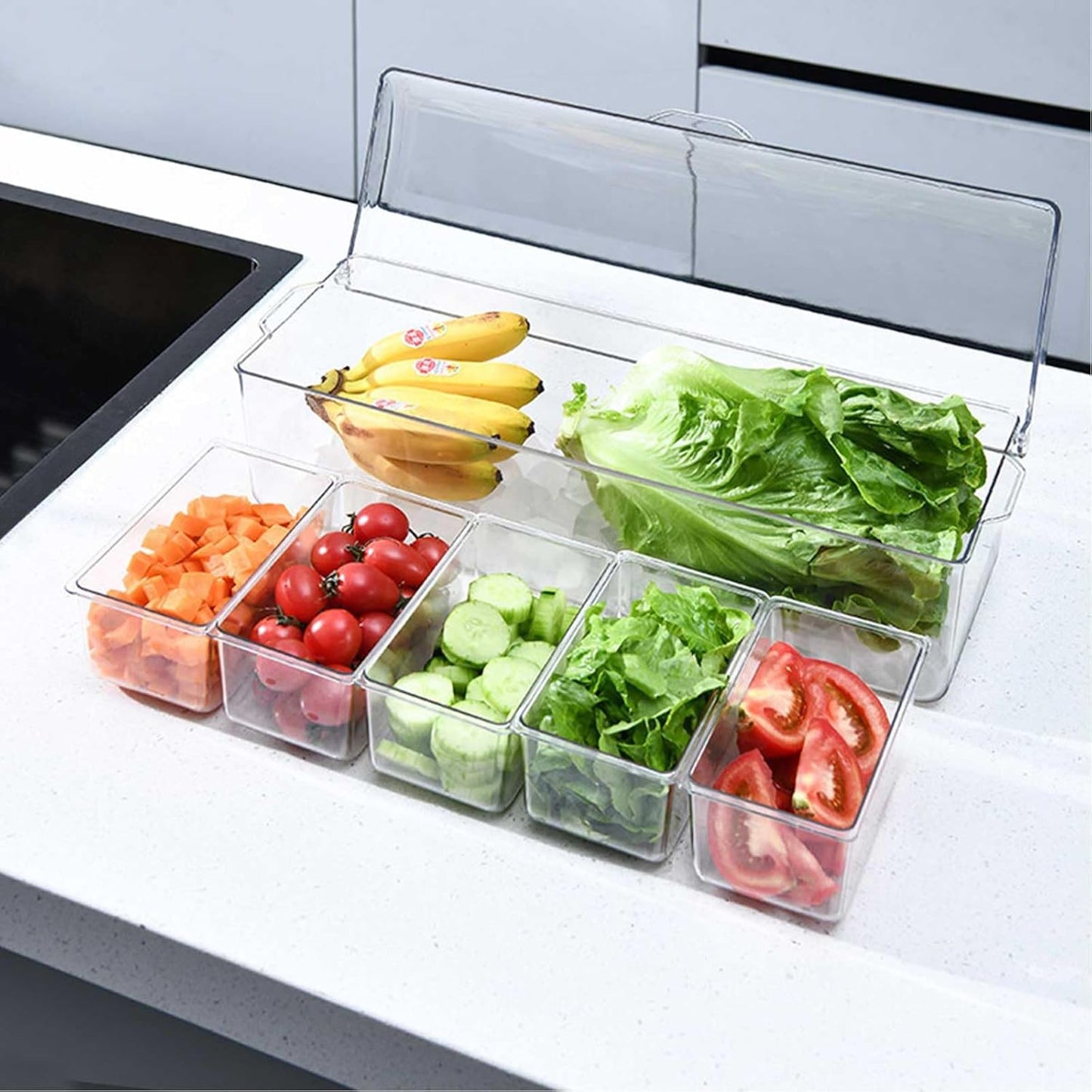 Large Ice Chilled Condiment Caddy，Chilled Condiment Containers Server with Lids for 5 Removable Compartments ，Serving Platters , Fruit & Garnish Tray for Party Supplies & Bar Accessories-Transparent