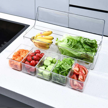 Large Ice Chilled Condiment Caddy，Chilled Condiment Containers Server with Lids for 5 Removable Compartments ，Serving Platters , Fruit & Garnish Tray for Party Supplies & Bar Accessories-Transparent