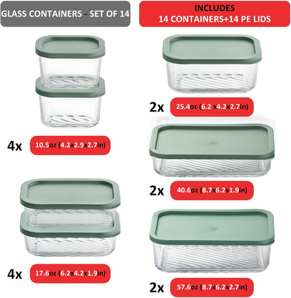 EATEX Grooved Base Glass Meal Prep Containers, 12 Pack Glass Food Storage Containers with Lids for Meal Prep & Lunch, Microwave Oven Freezer Dishwasher Safe, Anti Moisture Non-Stick Design - Black
