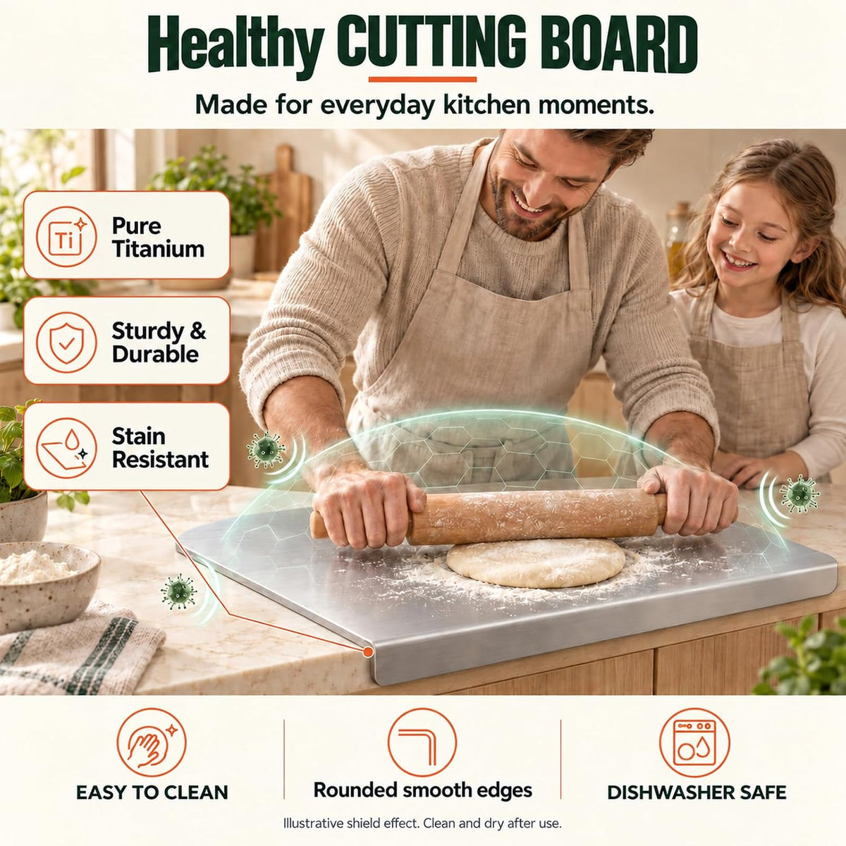 Kant Stainless Steel Cutting Board with Lip, Steel Cutting Boards for Kitchen Non-Toxic Dishwasher Safe Chopping & Kneading Board for Dough Meat/Vegetable/Fruit/Bread/Baking Gift-Ready(S+L)
