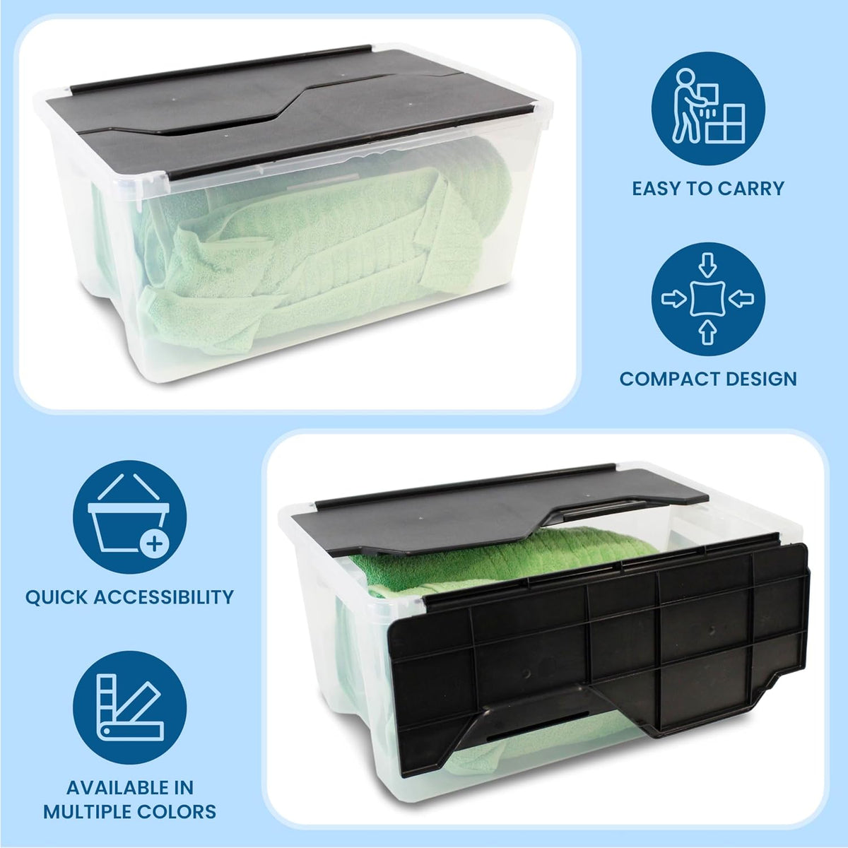 ORGANIZE-IT!, 6-Pack Flip-Top Tote 28 Qt, Storage Bin with a Clear Plastic Base, Black Lid, Stackable, 18" L X 12" W X 8" H
