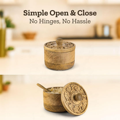 Mie Creations Rustic Salt Box Cellar with Lid & Spoon, Mango Wood Floral