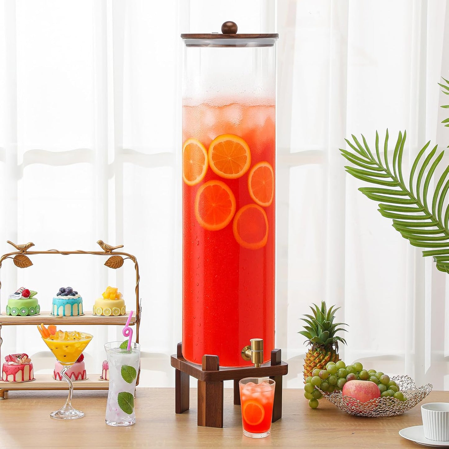 FillTouch 2 Pack 5 Gallon Glass Drink Dispenser with Acacia Wood Stand and Lid, Large Glass Beverage Dispenser with Spigot Perfect for Juice, Tea, Sangria, Lemonade, Weddings, Party, Outdoor Events