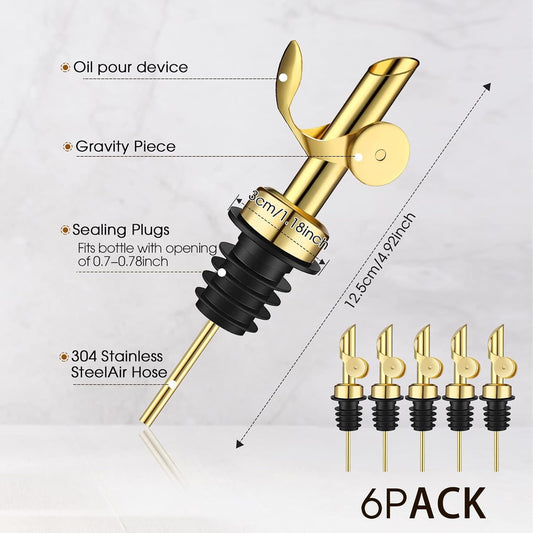 Kinlop 6 Pcs Olive Oil Pourer Spouts Metal Auto Flip Dispenser, Gold