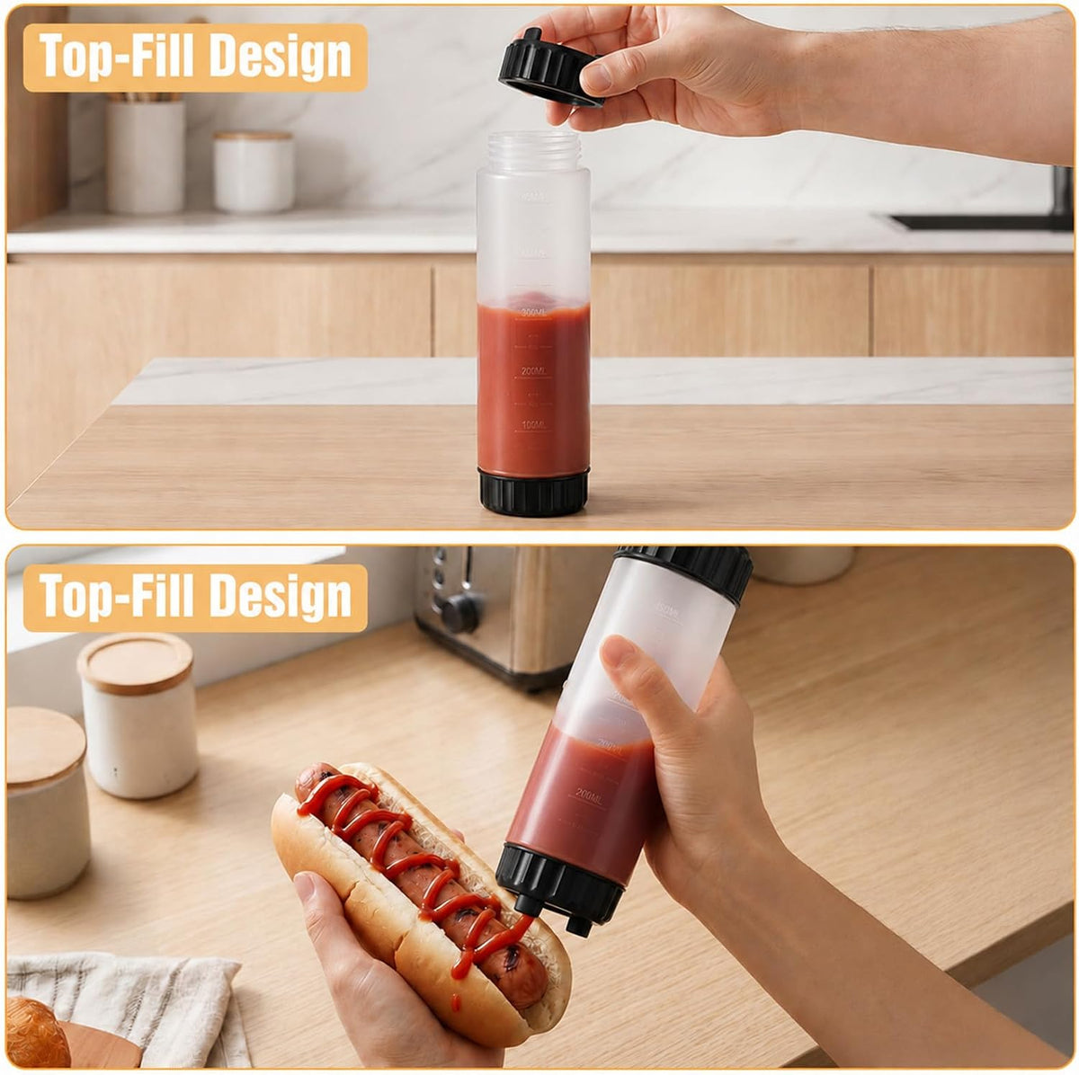 2 Pcs 16 oz Inverted Squeeze Bottles, Valve Condiment Dispenser (Black)