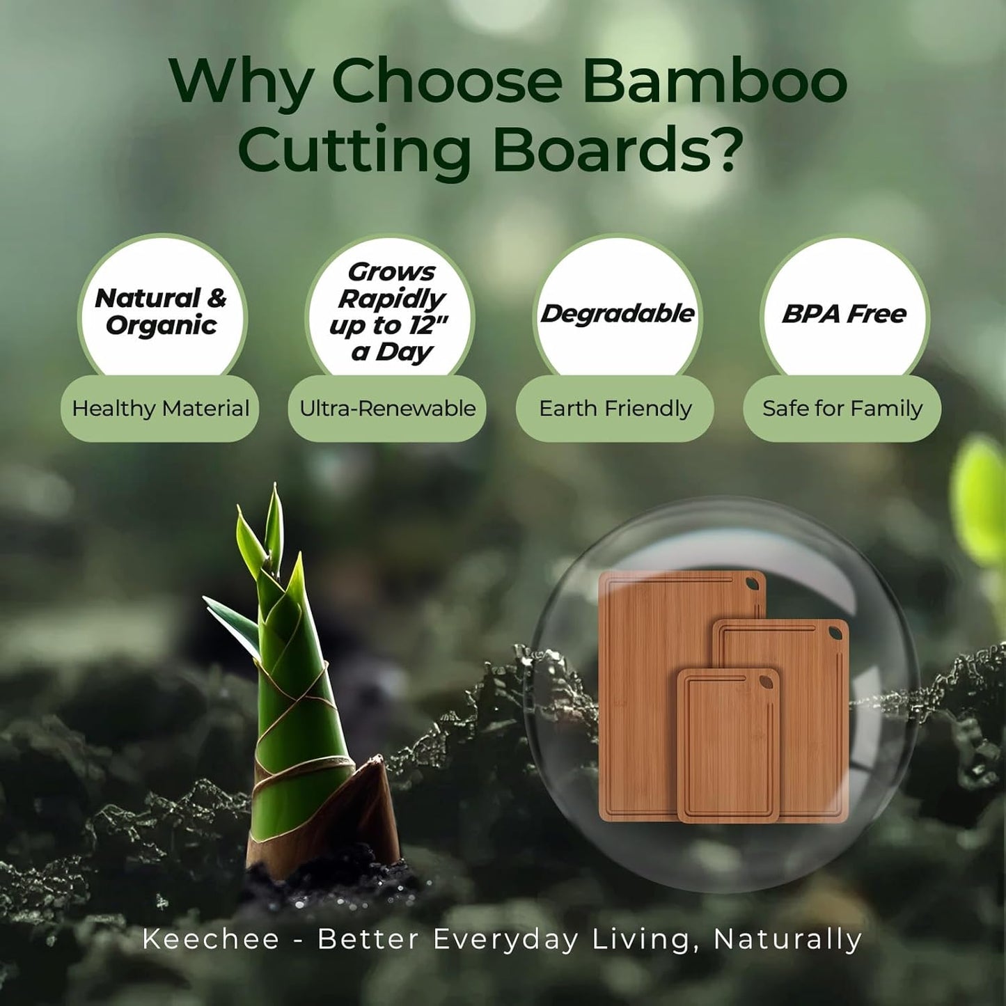 Keechee Wood Cutting Board for Kitchen - Reversible Bamboo Cutting Boards Gift Set of 3 with Juice Groove, Wooden Chopping Board for Meat, Fruit, Vegetables & Cheese (Pre Oiled, Natural)