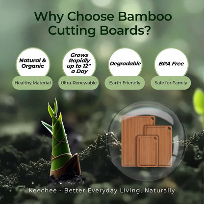 Keechee Wood Cutting Board for Kitchen - Reversible Bamboo Cutting Boards Gift Set of 3 with Juice Groove, Wooden Chopping Board for Meat, Fruit, Vegetables & Cheese (Pre Oiled, Natural)