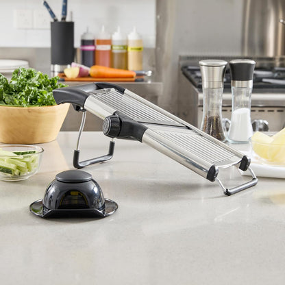 Restaurantware Stainless Steel Adjustable Mandoline Slicer - German Standard Vegetable Slicer with Blade Guard, Includes Cut-Resistant Gloves - Food Slicer for Potato, Onions, Cucumbers, Tomato