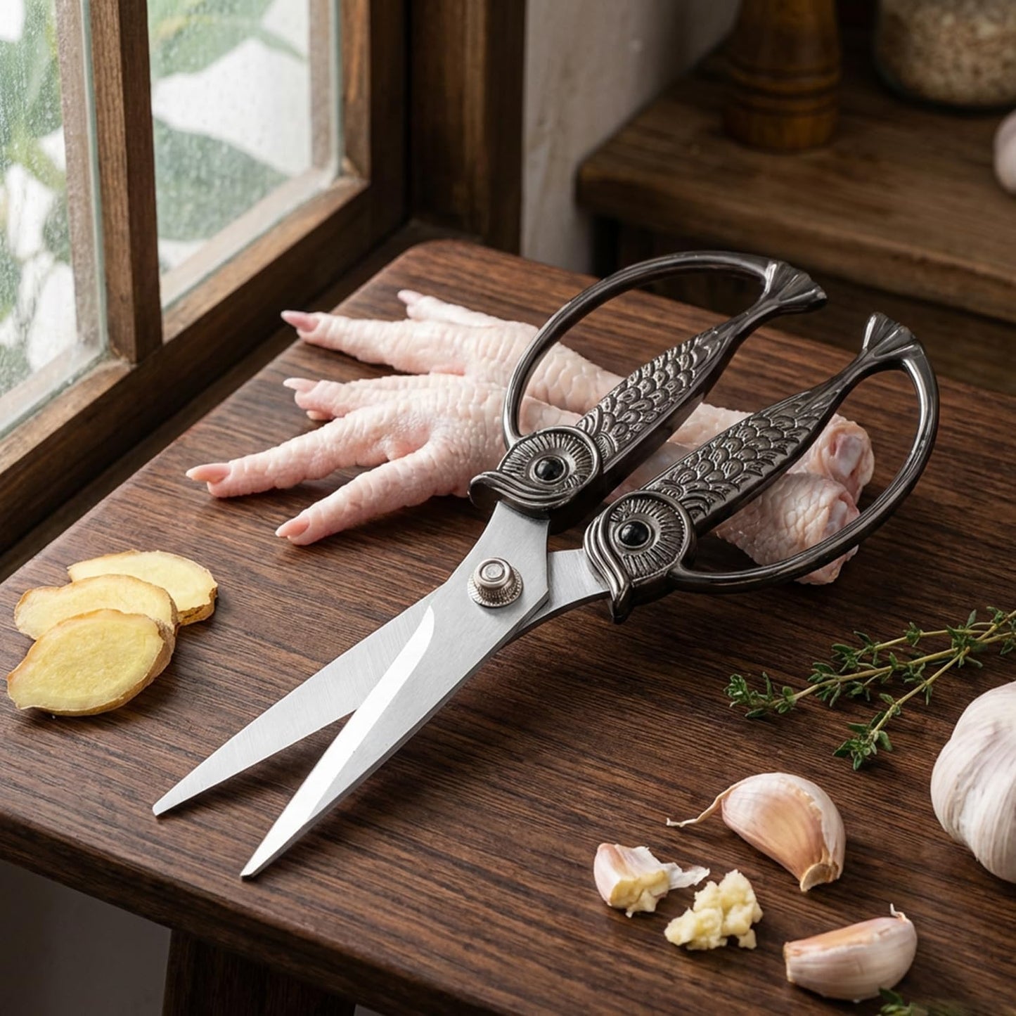 Kitchen Owl Scissors - Stainless Steel Kitchen Scissors, Sharp Meat Scissors, Dishwasher Safe, Heavy-duty Poultry Scissors, Food Cooking Scissors, Gift for Men and Women (Pearl nickel, large)