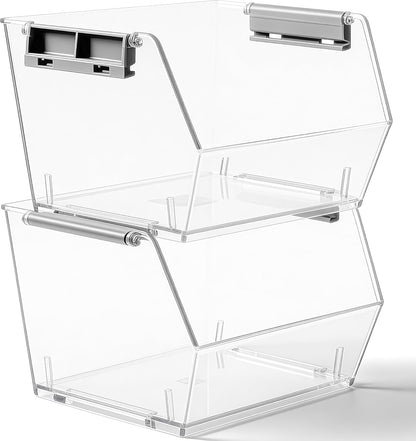 HOMESTEAD Set of 4 Stackable Storage Bins, 2 Large + 2 Small Clear Plastic Organizer Bins, Open Front Design for Kitchen Pantry, Fridge, Cabinet, Bathroom Organization and Snack Storage