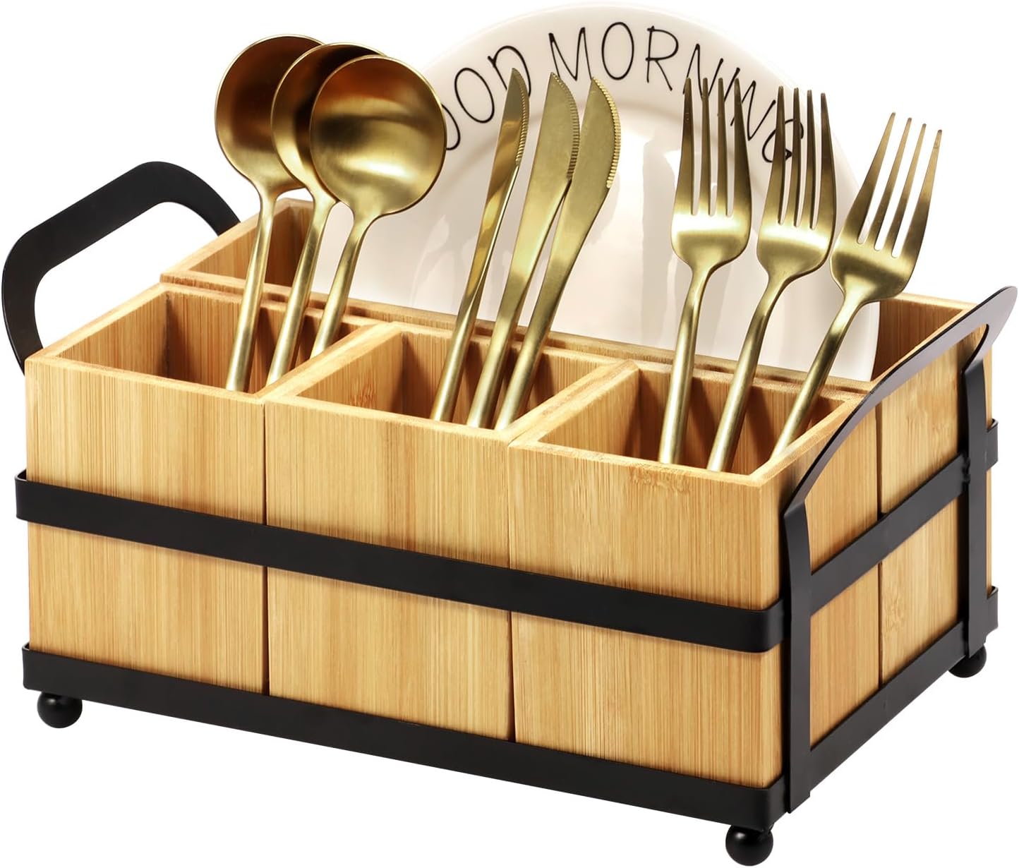 4 Compartment Silverware Caddy - Wood Silverware Holder with Double Handle, Bamboo Removable Slot Utensil Caddy, Rustic Farmhouse Flatware Holder for Paper Plates, Spoons, Forks, Napkins, Cutlery