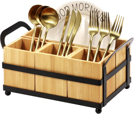 4 Compartment Silverware Caddy - Wood Silverware Holder with Double Handle, Bamboo Removable Slot Utensil Caddy, Rustic Farmhouse Flatware Holder for Paper Plates, Spoons, Forks, Napkins, Cutlery