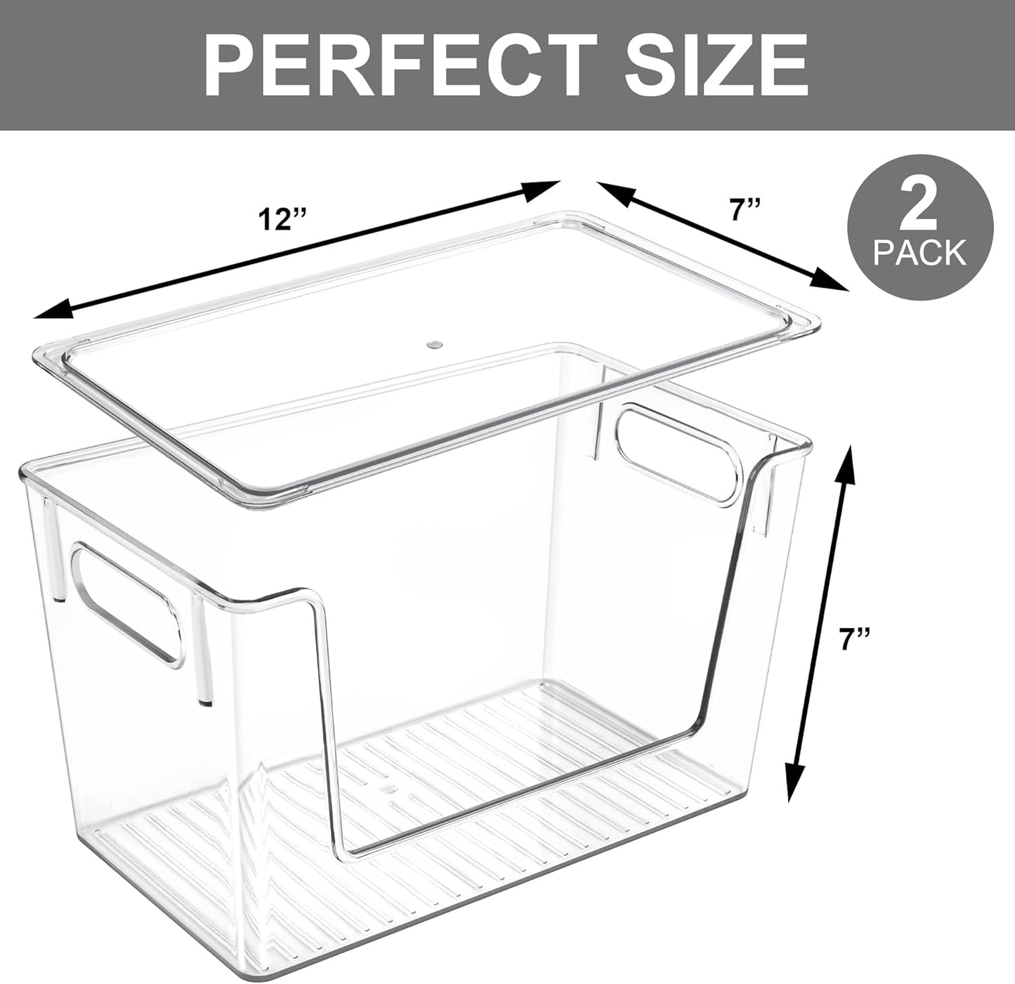 2 Pack Large Stackable Storage Bins, Plastic Container Organizer with Open Front, Pantry Organizers and Storage for Potato, Onion, Fruit and Vegetable, Clear Kitchen Laundry Organizer with Lid