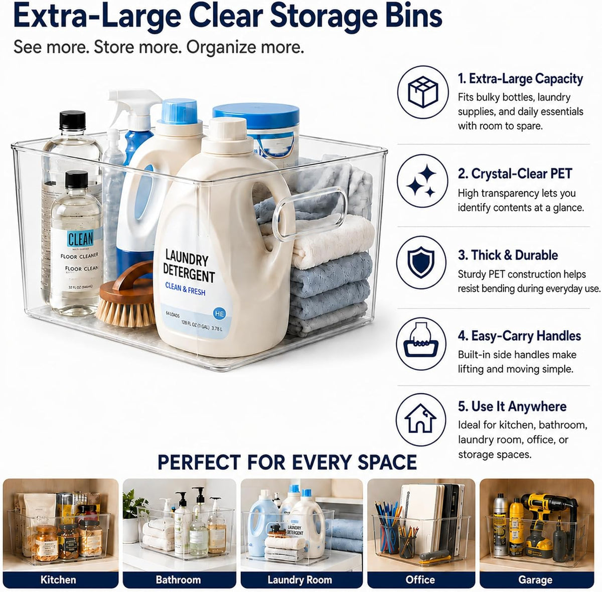 MOONEDGE 6 Pack Clear Organizer Bins 11x8x6in Pantry Organizers and Storage | Clear Containers for Organizing, Plastic Storage Bins with Handles for Drawer, Craft, Fridge, Kitchen Cabinet Shelf
