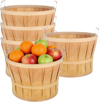 5 Pack Jumbo Half Bushel Baskets 14 x 9.5 Inch, Large Natural Wooden Harvest Apple Baskets with Handles for Harvest Fruit Plants, Farmers Market, Produce, and Home Storage Use