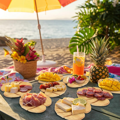 Ziliny 6 Sets Palm Leaf Hawaiian Mini Charcuterie Boards with Knives Forks and Gift Boxes, Bamboo Cheese Board Set, Luau Tropical Party Favors for Summer Beach Birthday Bridal Baby Shower