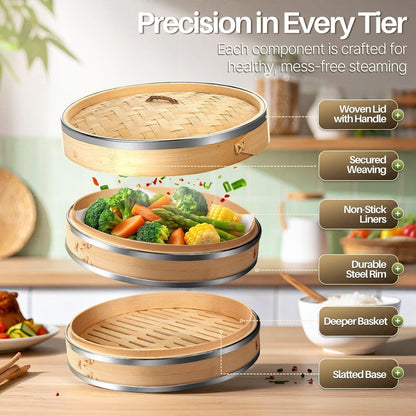 Flexzion Bamboo Steamer Basket Set (8 inch), 50 x Steamer Liners and 2 Pairs of Chopsticks, Steam Baskets for DimSum Dumplings, Rice, Vegetables, Fish and Meat