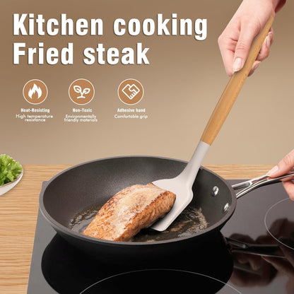 Silicone Cooking Utensils Set - AVGPD Silicone Kitchen Utensils for Cooking Wooden Handles, 446°F Heat Resistant Kitchen Utensil Spatula Sets, Gadgets for Non-Stick Cookware BPA FREE (Black)