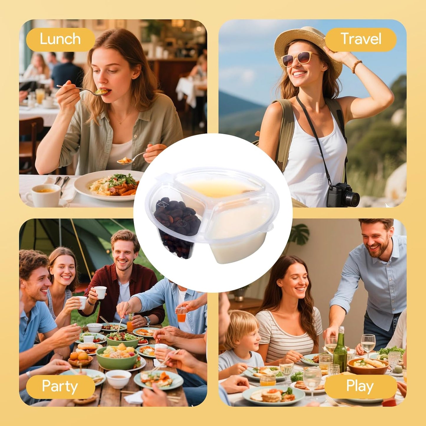 10 Pcs 3 Compartment Snack Container, Reusable Snack Containers With Lids, Transparently Portable Three-Compartment Dipping Sauce Box For Dips, Condiment, Fruits