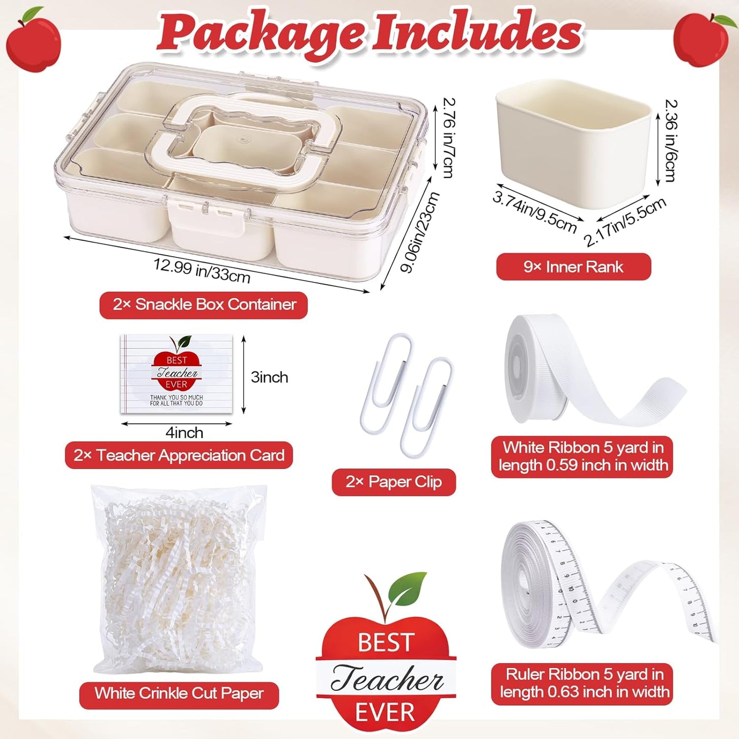 Qunclay 2 Set Teachers Appreciation Gift Boxes Container Divided Serving Tray with Lid and Handle Snack Organizer with Apple Cards and Ribbon for National Teacher Week Appreciation End of Year Gifts