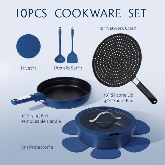 CAROTE 10-Piece Pots and Pans Set, Nonstick Cookware Set Detachable Handle, Frying Pan with Splatter Screen, Oven Safe, Induction Ready, Stackable, Blue