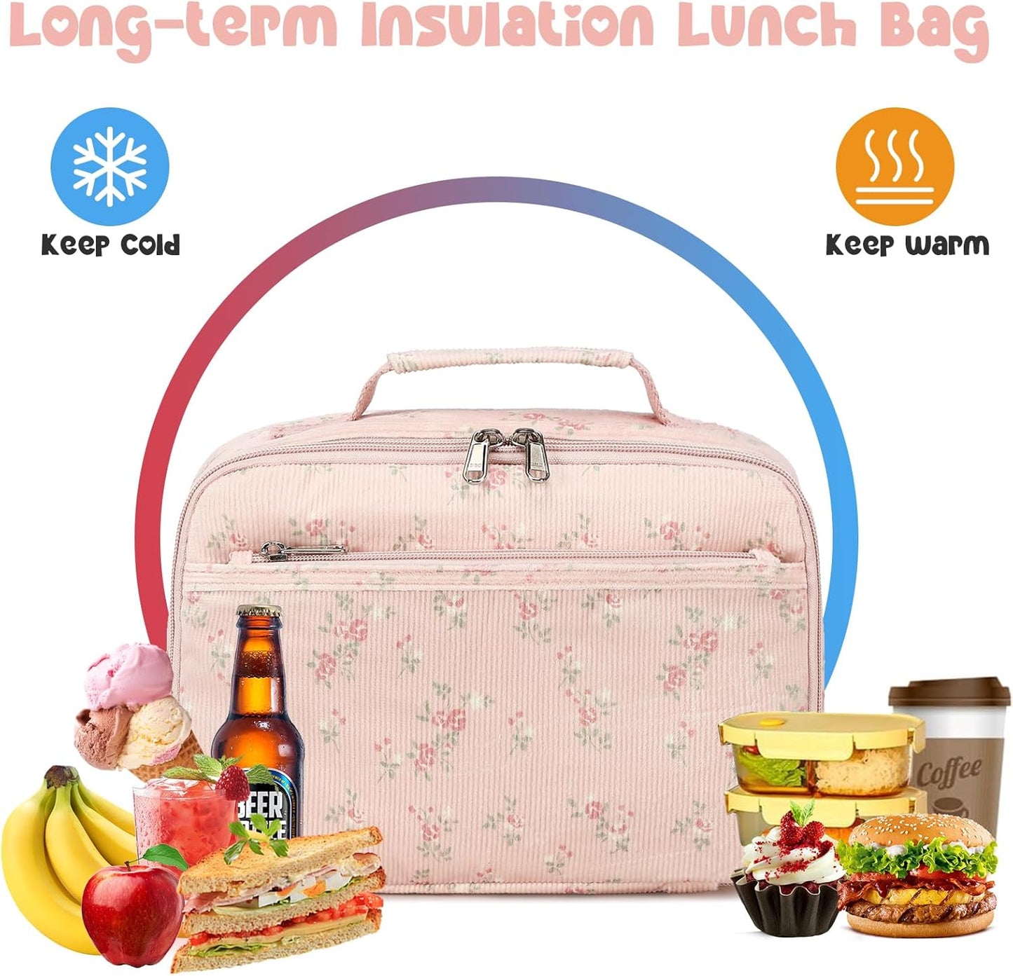 Bluboon Insulated Lunch Bag for Girls & Boys, Corduroy School Lunch Box with Cooler & Organizer Compartments, Leak-Proof Lunch Tote for School, Travel (Corduroy Strawberries Beige)