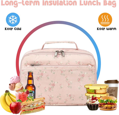 Bluboon Insulated Lunch Bag for Girls & Boys, Corduroy School Lunch Box with Cooler & Organizer Compartments, Leak-Proof Lunch Tote for School, Travel (Corduroy Strawberries Beige)