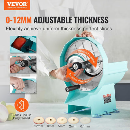VEVOR Manual Vegetable Fruit Slicer, 0-0.5"/0-12mm Thickness Adjustable Commercial Slicer Machine, Stainless Steel Food Cutter Slicing Machine with 2 Spare Blades, for Potato, Cucumber, Lemon, Tomato