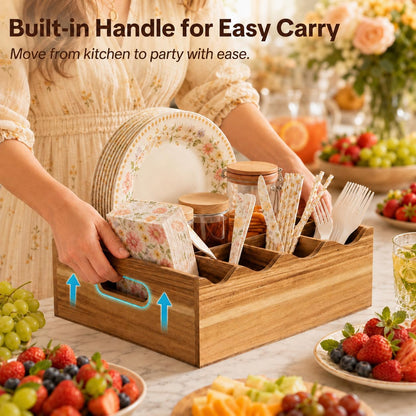 Utensil Holder & Silverware Organizer, Acacia Wood Kitchen Utensil Caddy for Countertop, 6 Compartment Paper Plate Holders & Dispenser, Wooden Cutlery Holder with Handle for Party, Natural Acacia