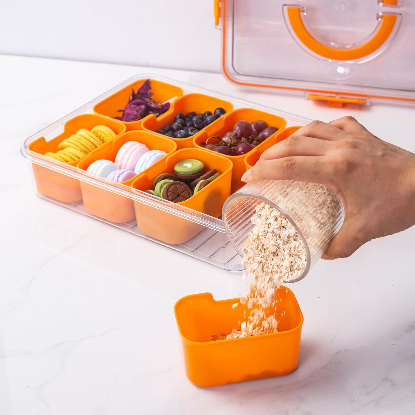 WACOI Divided Snack Serving Tray with Lid and Handle travel Snackle Box Charcuterie Container Portable Storage Organizer for Candy, Fruits, Nuts, Snacks 1Pack White