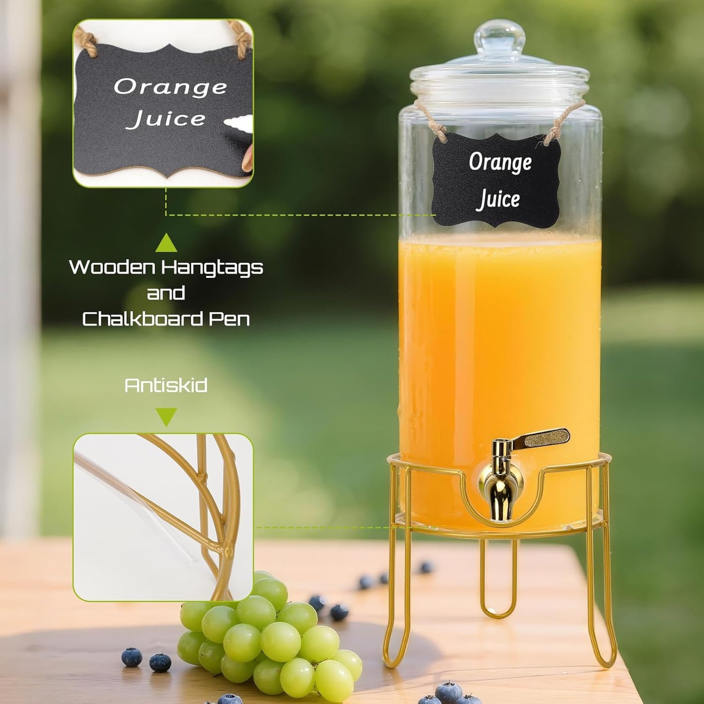DHSBTLS 1 Gallon Glass Drink Dispensers, Round Beverage Dispenser for Party, BBQ and Picnic, Clear Airtight Juice Dispenser with Golden Stand, Stainless Steel Spigot, Markers and Chalkboard