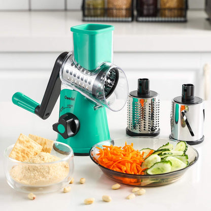 Geedel Rotary Cheese Grater, Kitchen Mandoline Vegetable Slicer with 3 Interchangeable Blades, Easy to Clean Rotary Grater Slicer for Cheese, Vegetables, Nuts
