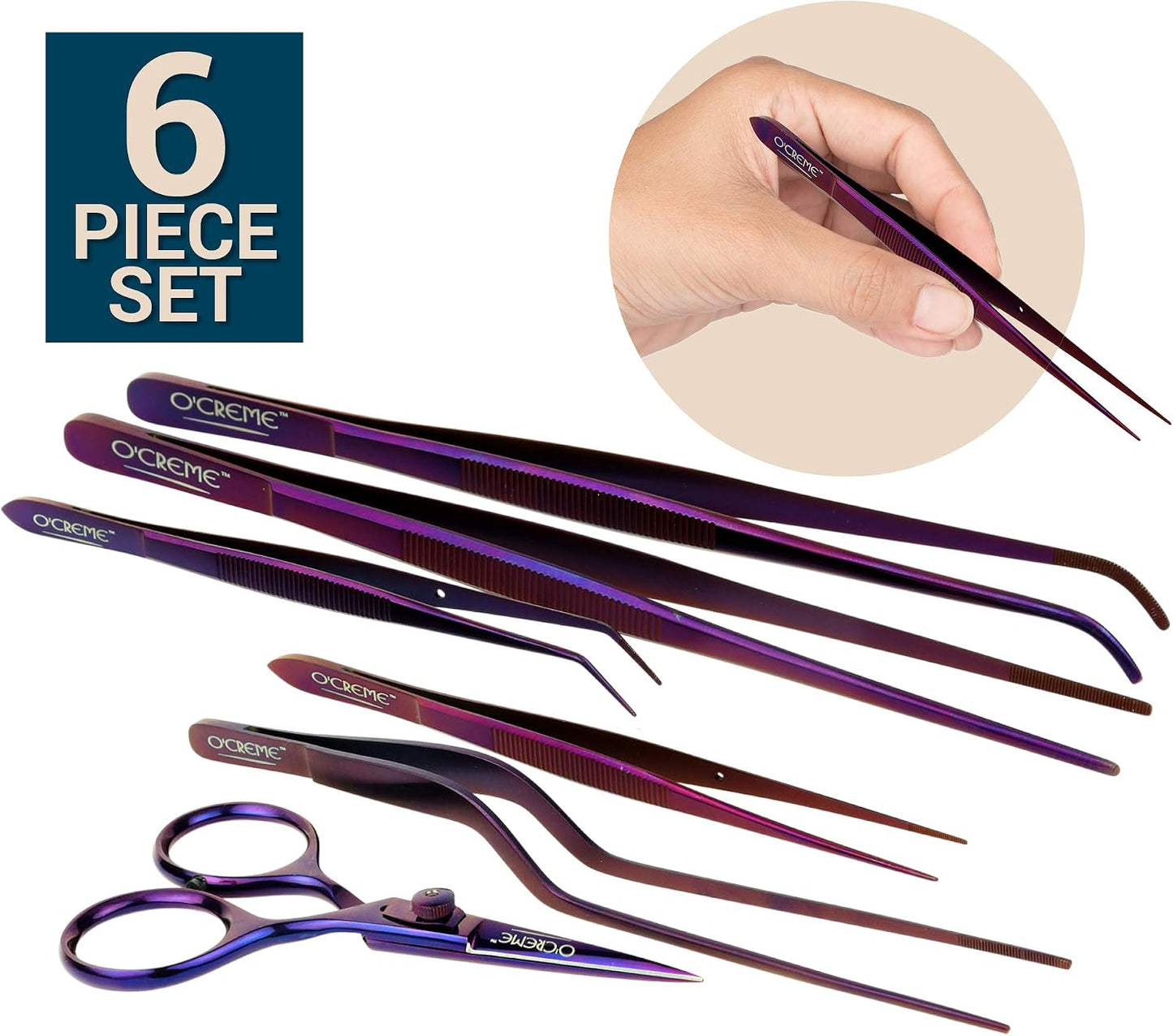 O'Creme Set of Culinary Tweezer Tongs Offset, Straight and Curved, Plus Super Sharp Chef Scissors, Total 6 Pieces (Rose Gold)