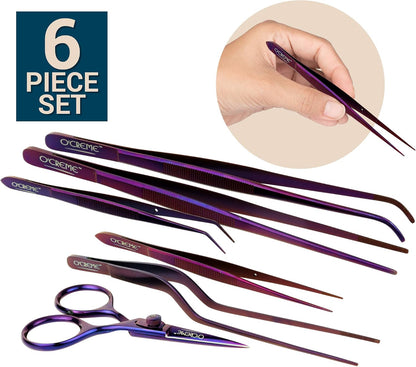 O'Creme Set of Culinary Tweezer Tongs Offset, Straight and Curved, Plus Super Sharp Chef Scissors, Total 6 Pieces (Rose Gold)