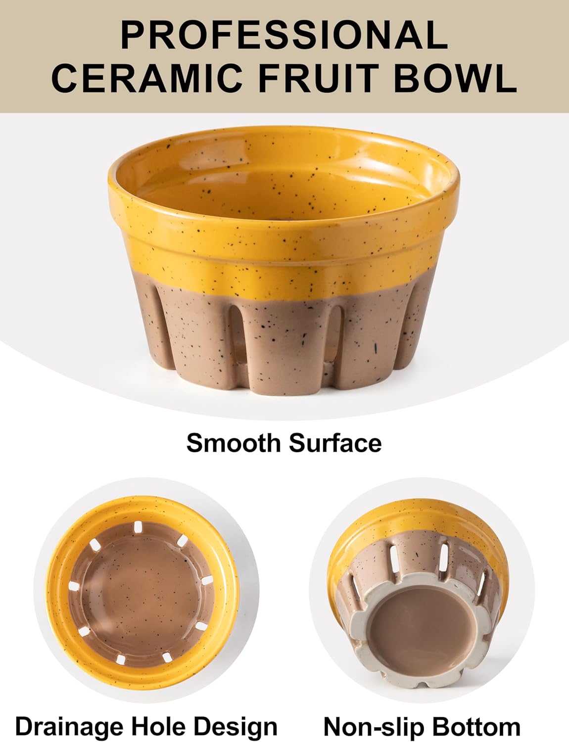 Gomakren Berry Bowls with Holes Ceramic, Berry Washing Bowl Basket Set of 2, 5.8 Inch Round Fruit Bowl Storage Containers, Strawberry Baskets, Farmhouse Kitchen Decor, Yellow + Brown