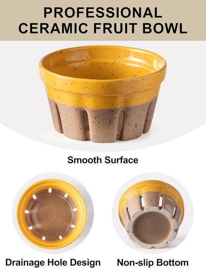 Gomakren Berry Bowls with Holes Ceramic, Berry Washing Bowl Basket Set of 2, 5.8 Inch Round Fruit Bowl Storage Containers, Strawberry Baskets, Farmhouse Kitchen Decor, Yellow + Brown