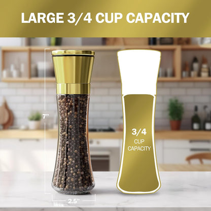 Home EC Premium Stainless Steel Sea Salt and Pepper Grinder Set of 2 - Adjustable Ceramic - Tall Glass Salt and Pepper Shakers - Kitchen Spice Mill W/Funnel & EBook