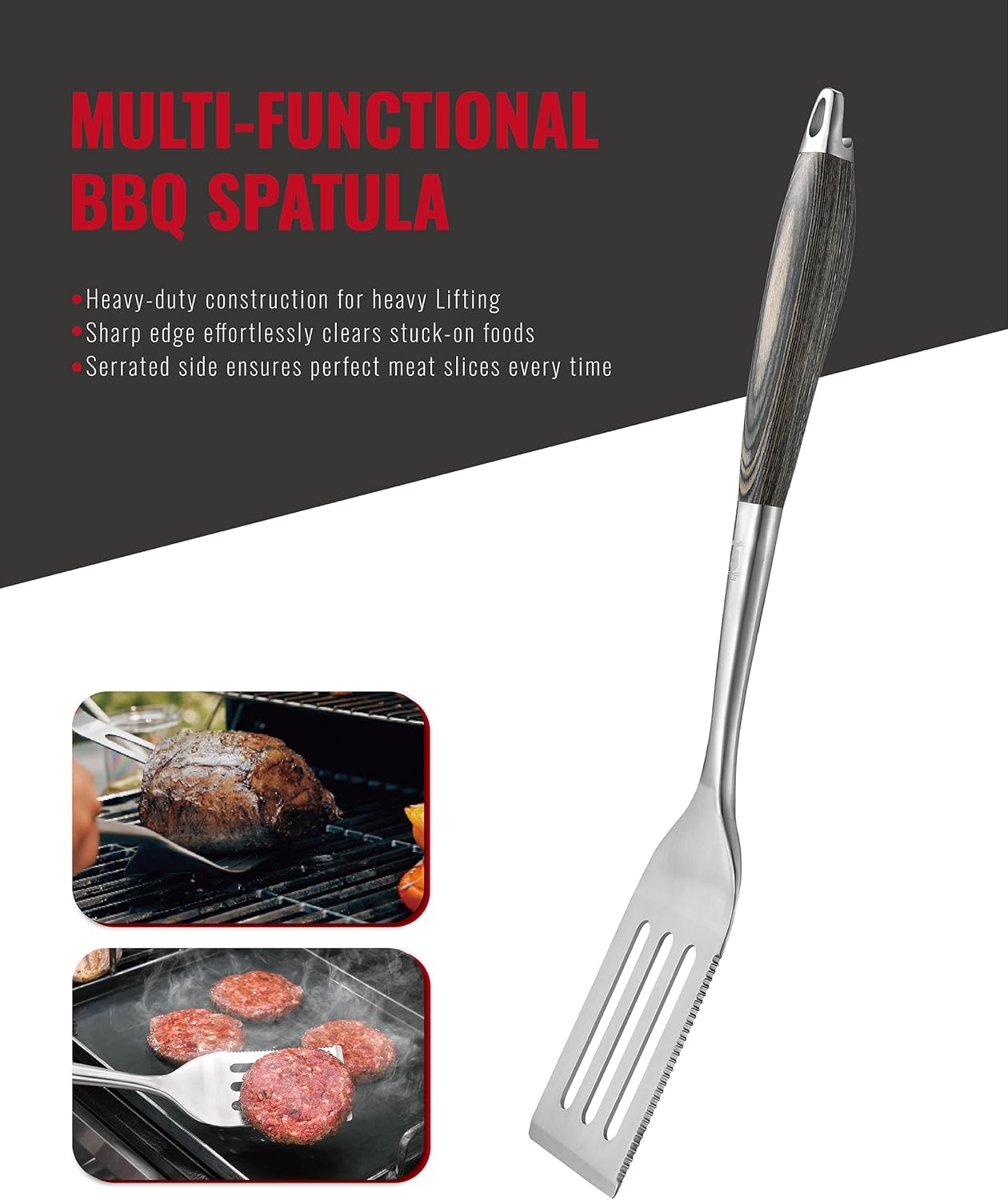 GRILAZ Heavy-Duty Rose Wooden BBQ Grilling Tools Set. Extra Thick Stainless Steel Multi-Function Spatula, Fork & Tongs | Essential Accessories for Barbecue & Grill. Ideal Gift for Father…