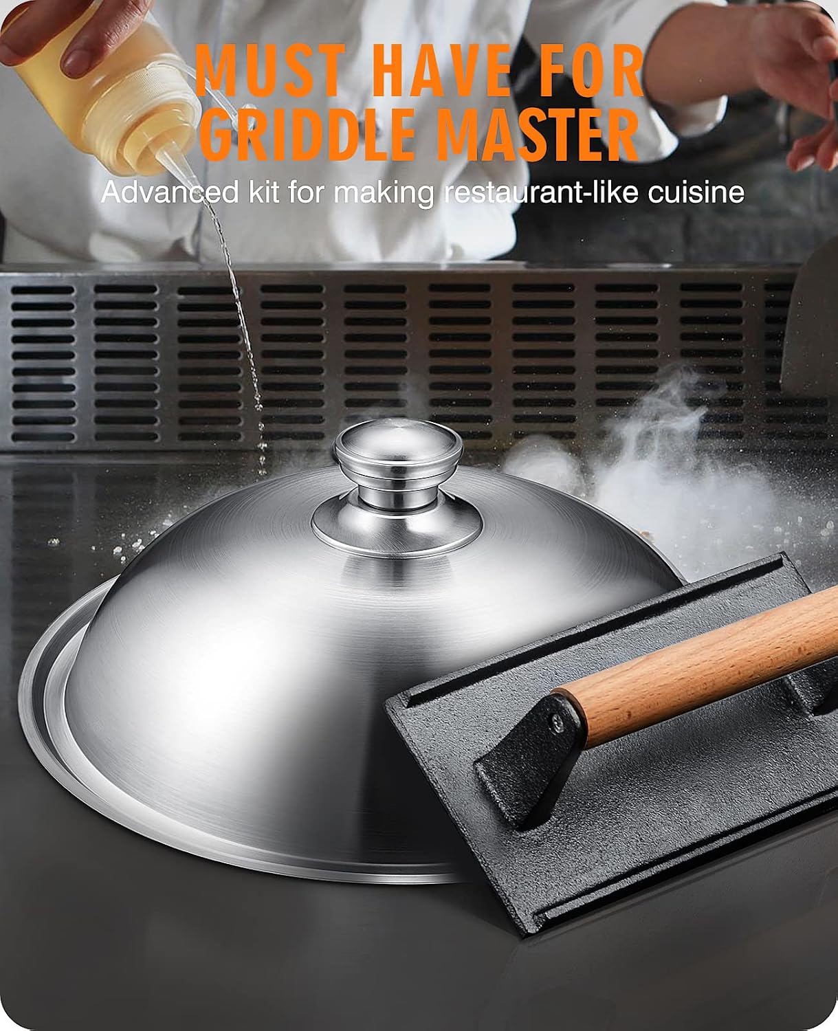 HOMENOTE Griddle Accessories for Blackstone, Commercial Grade 12 Inch Heavy Duty Melting Dome with Round Cast Iron Smash Burger Press Perfect for Flat Top Hibachi Grill Outdoor Indoor
